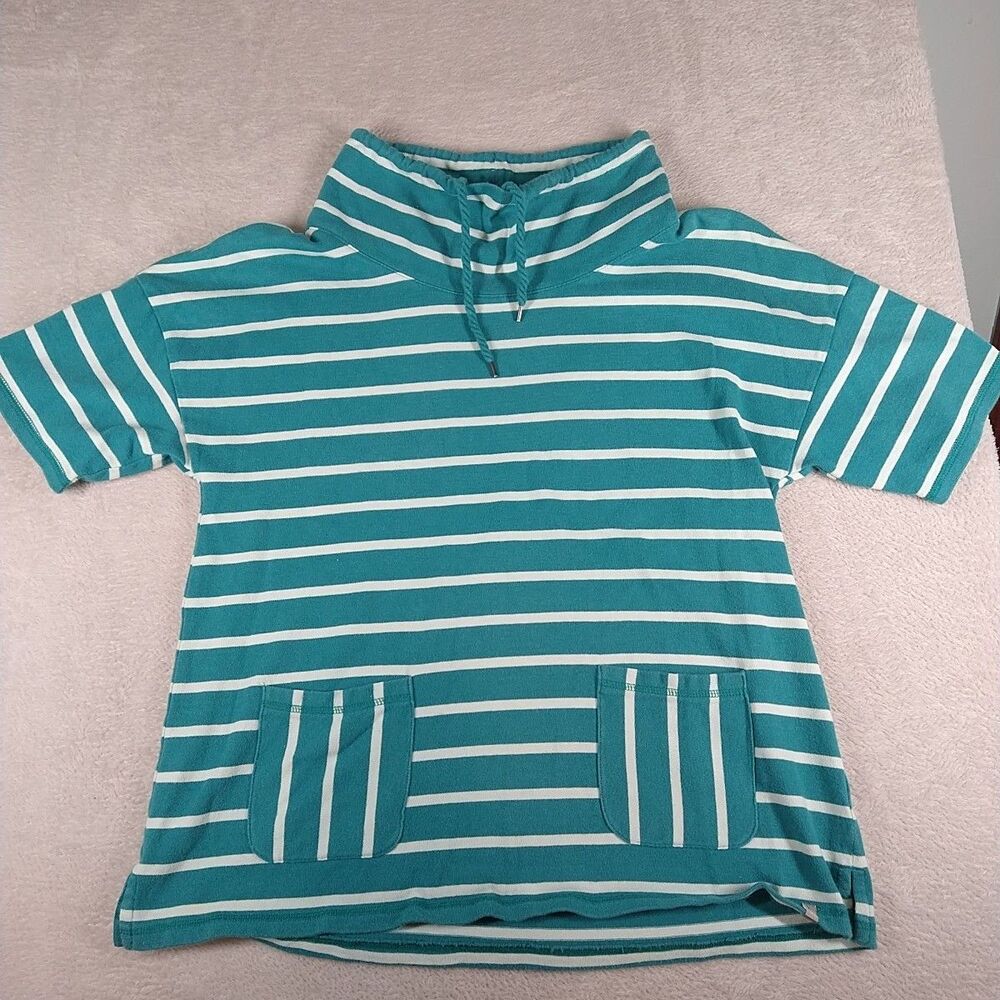 T by Talbots Sweatshirt Womens Large Green Striped Funnel Neck Pullover Casual